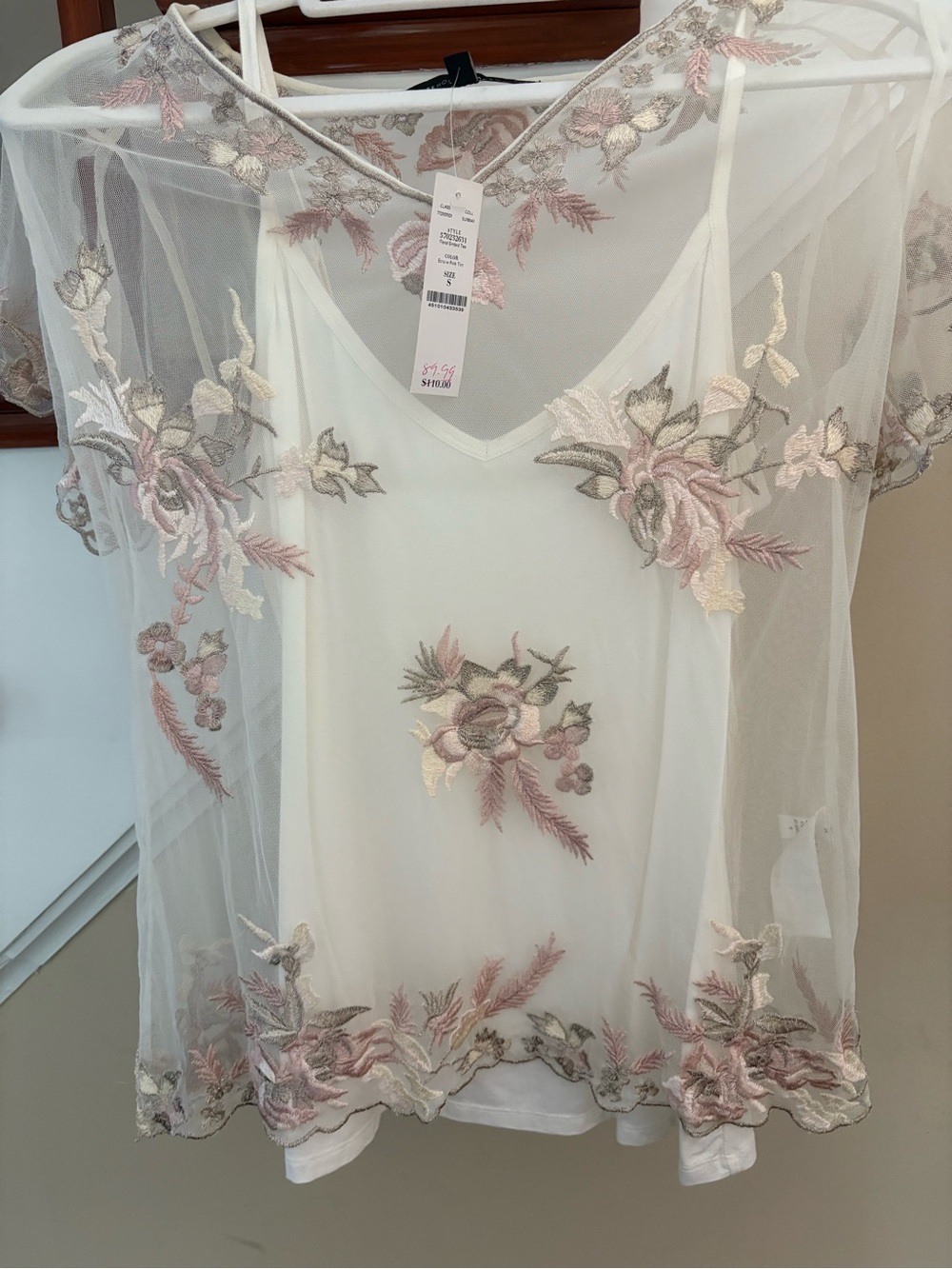 Sheer Embroidered Floral Overlay Slip Top - Ivory with Blush Embroidery
